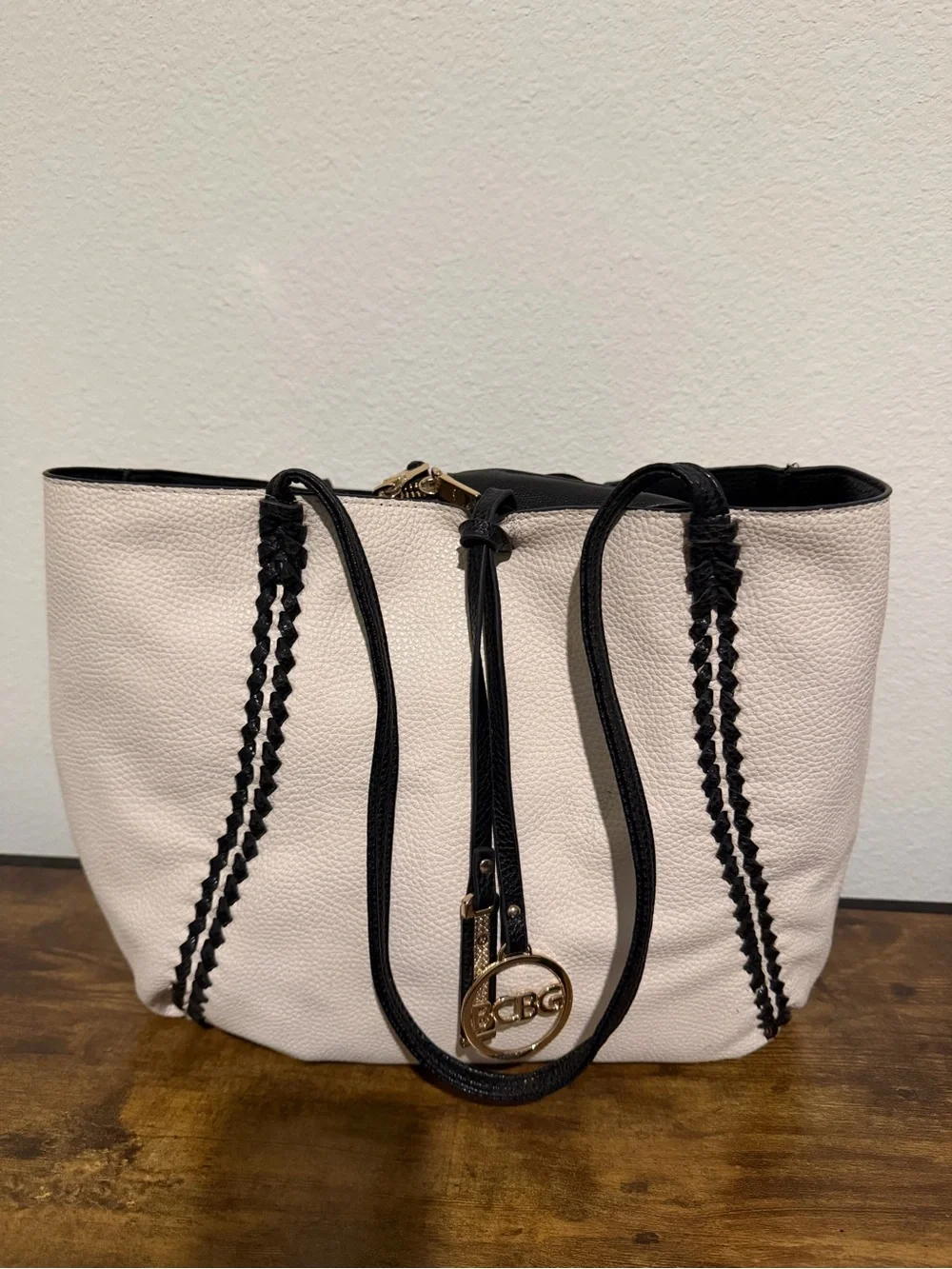 BCBG Black Leather Tote with Gold Chain Accents